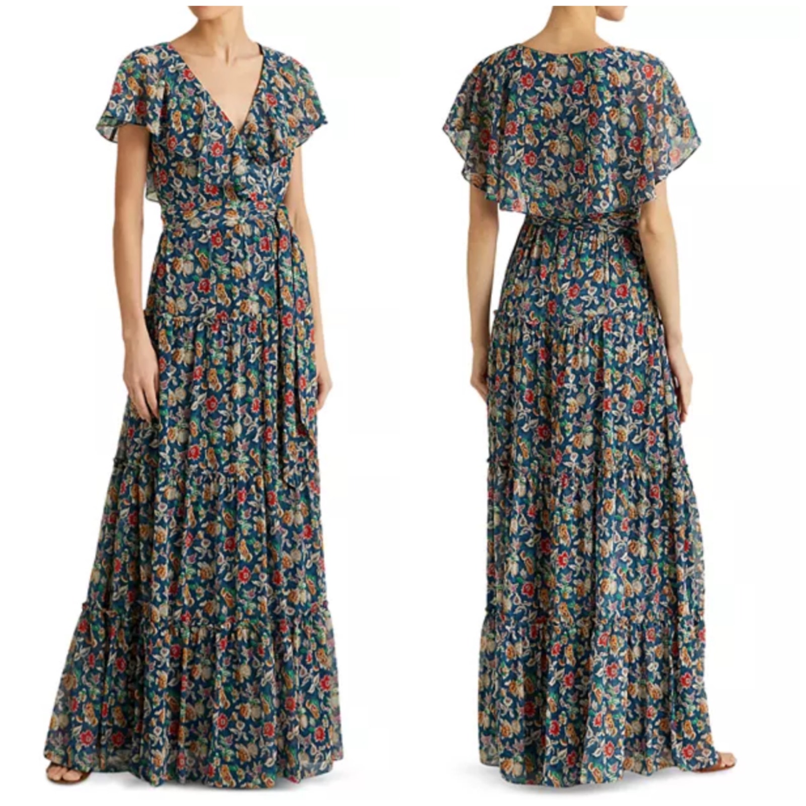 Lauren Ralph Lauren Nwt Floral Georgette Maxi Dress Tiered Ruffle Size 4 Chiffon